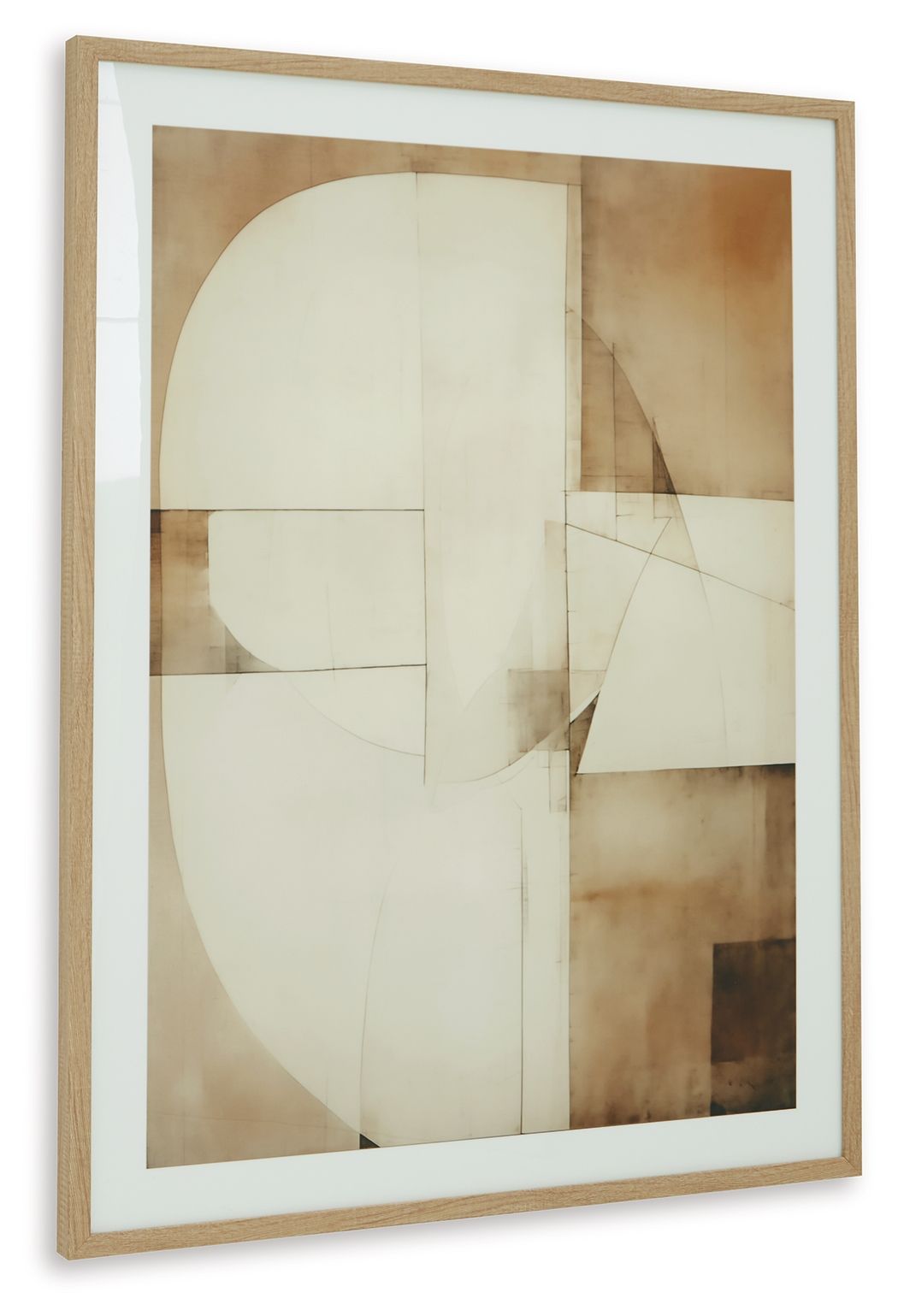 Framed abstract wall art print featuring white shapes over tan and brown blocks.