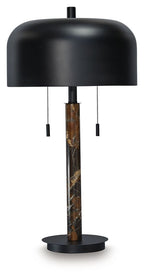Metal table lamp with black shade and brown marbled metal column base