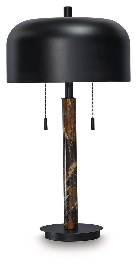 Metal table lamp with black shade and brown marbled metal column base