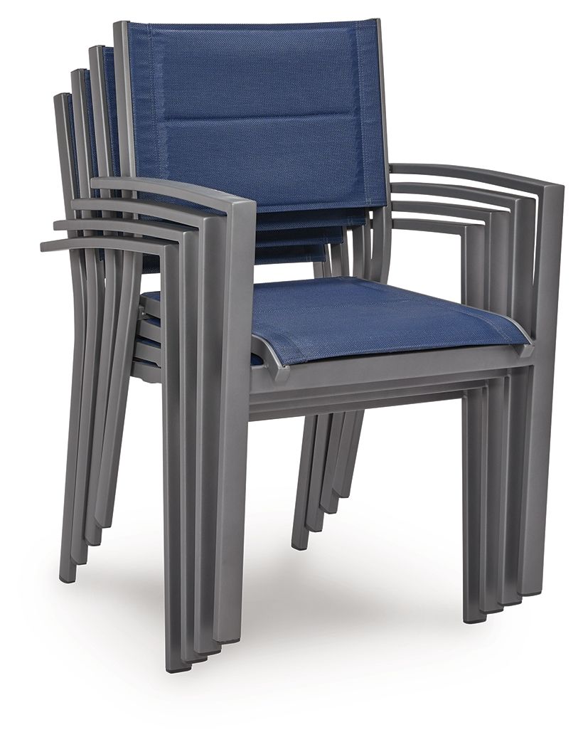 Blue sling arm chair with gray frame, padded seat and back, angled arms