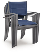 Blue sling arm chair with gray frame, padded seat and back, angled arms