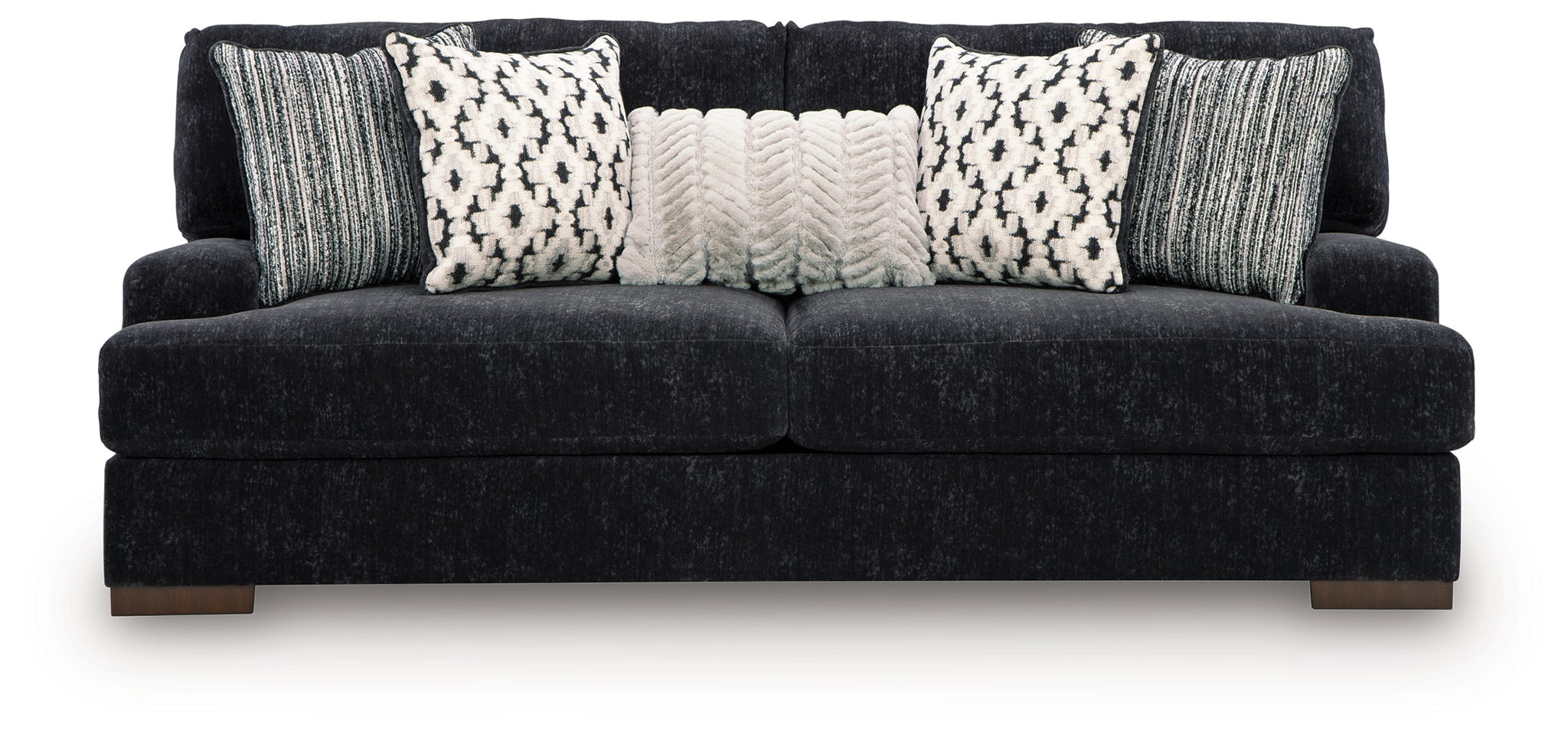 Dark fabric sofa with three patterned pillows and two gray knit cushions, wide seat