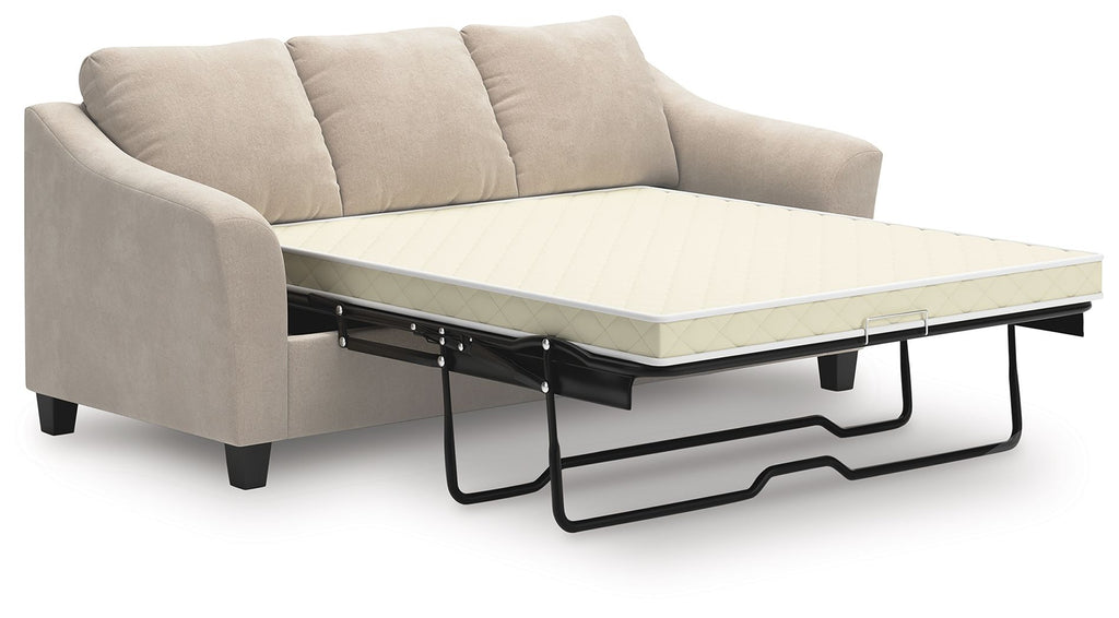 Taupe queen sofa sleeper with open bed, showing metal support and mattress