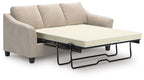 Taupe queen sofa sleeper with open bed, showing metal support and mattress