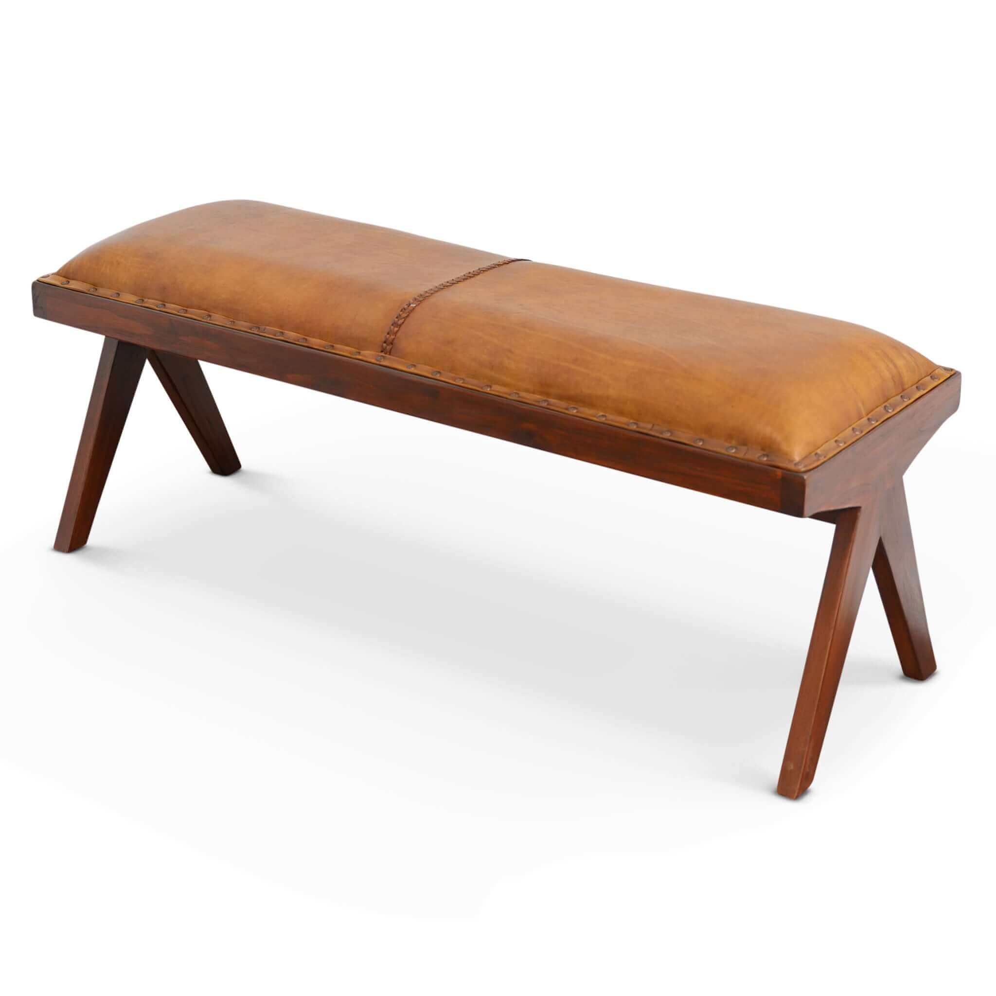 Chad Mid-Century Modern Tan Leather Bench, Solid Wood