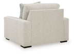 Upholstered chair and a half with two back cushions, light beige linen upholstery