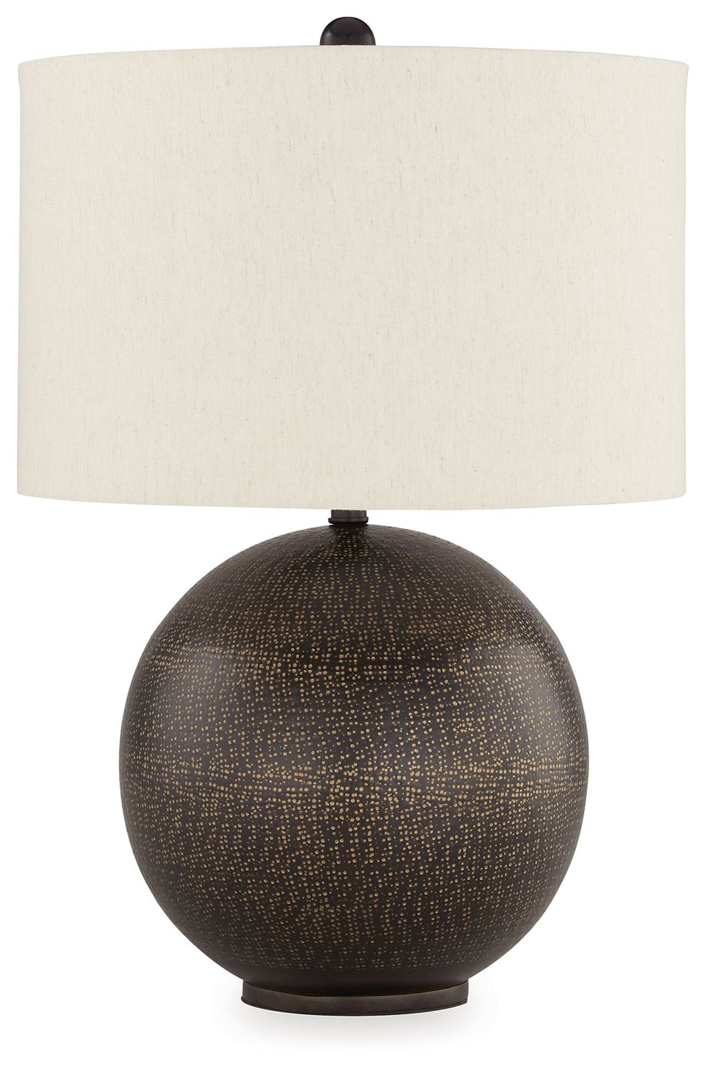 Metal table lamp with beige fabric shade and dark speckled globe base