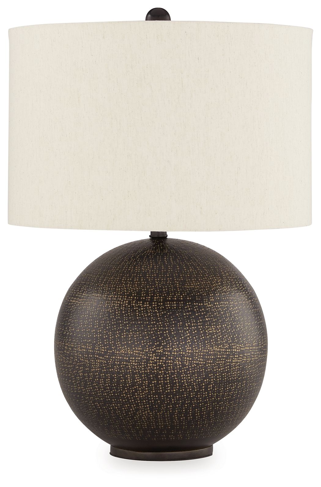 Metal table lamp with beige fabric shade and dark speckled globe base