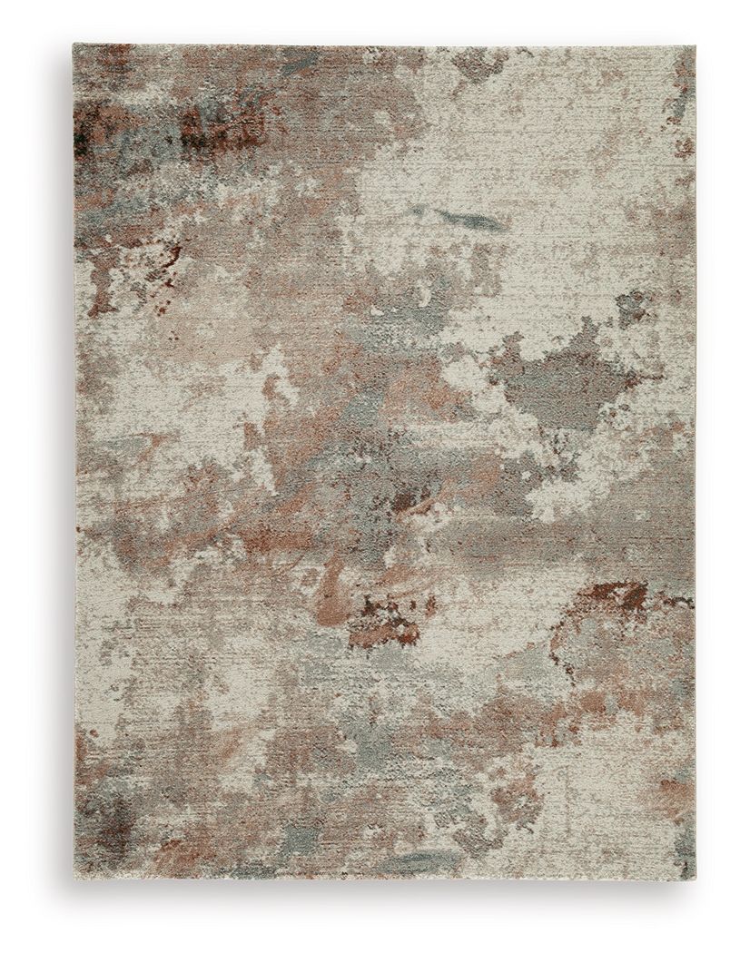 Distressed abstract area rug with mottled beige, gray, and brown-red pattern