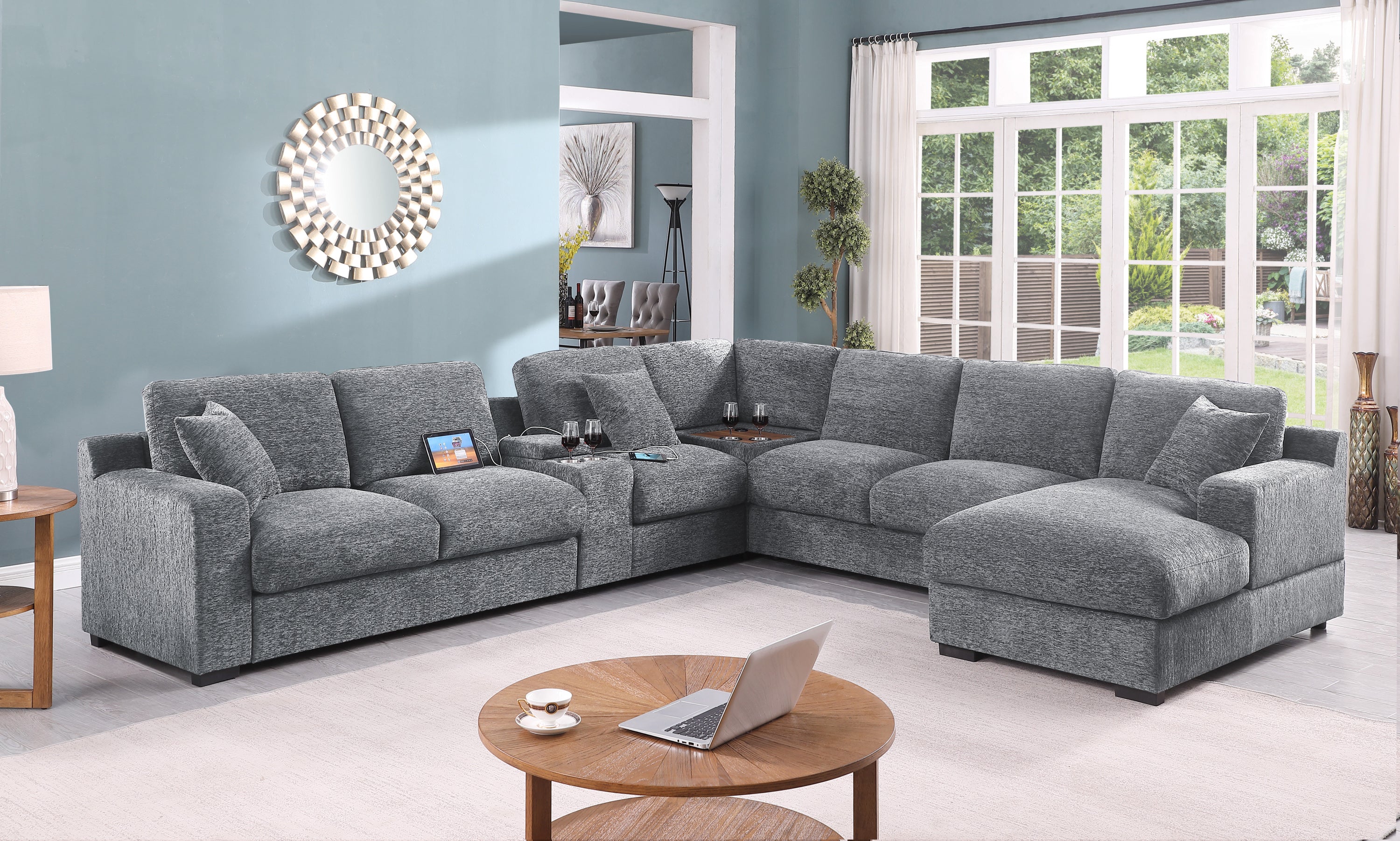 Celine Light Gray Chenille Sectional Sofa w/ Chaise, Cupholders, USB