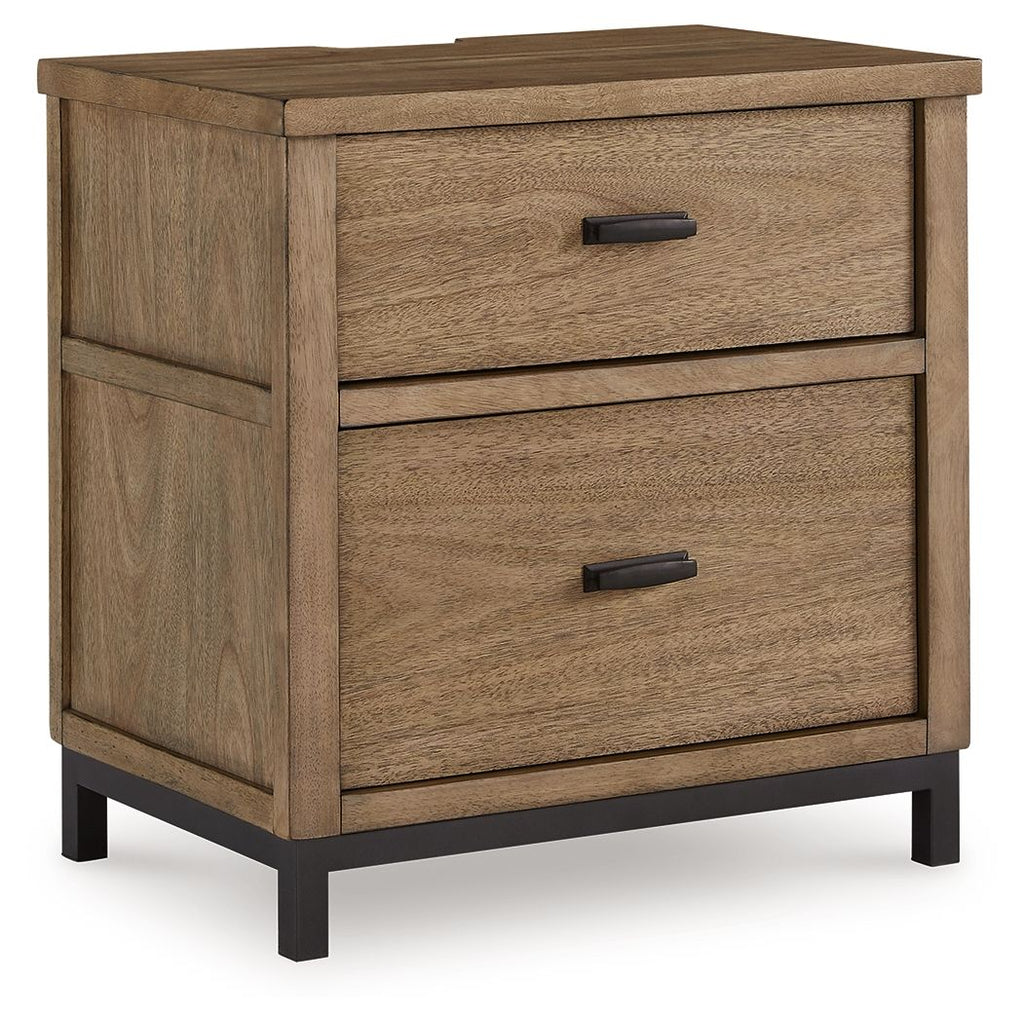 Light brown two-drawer nightstand with black bar handles and four legs