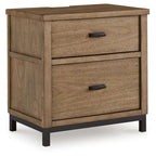 Light brown two-drawer nightstand with black bar handles and four legs