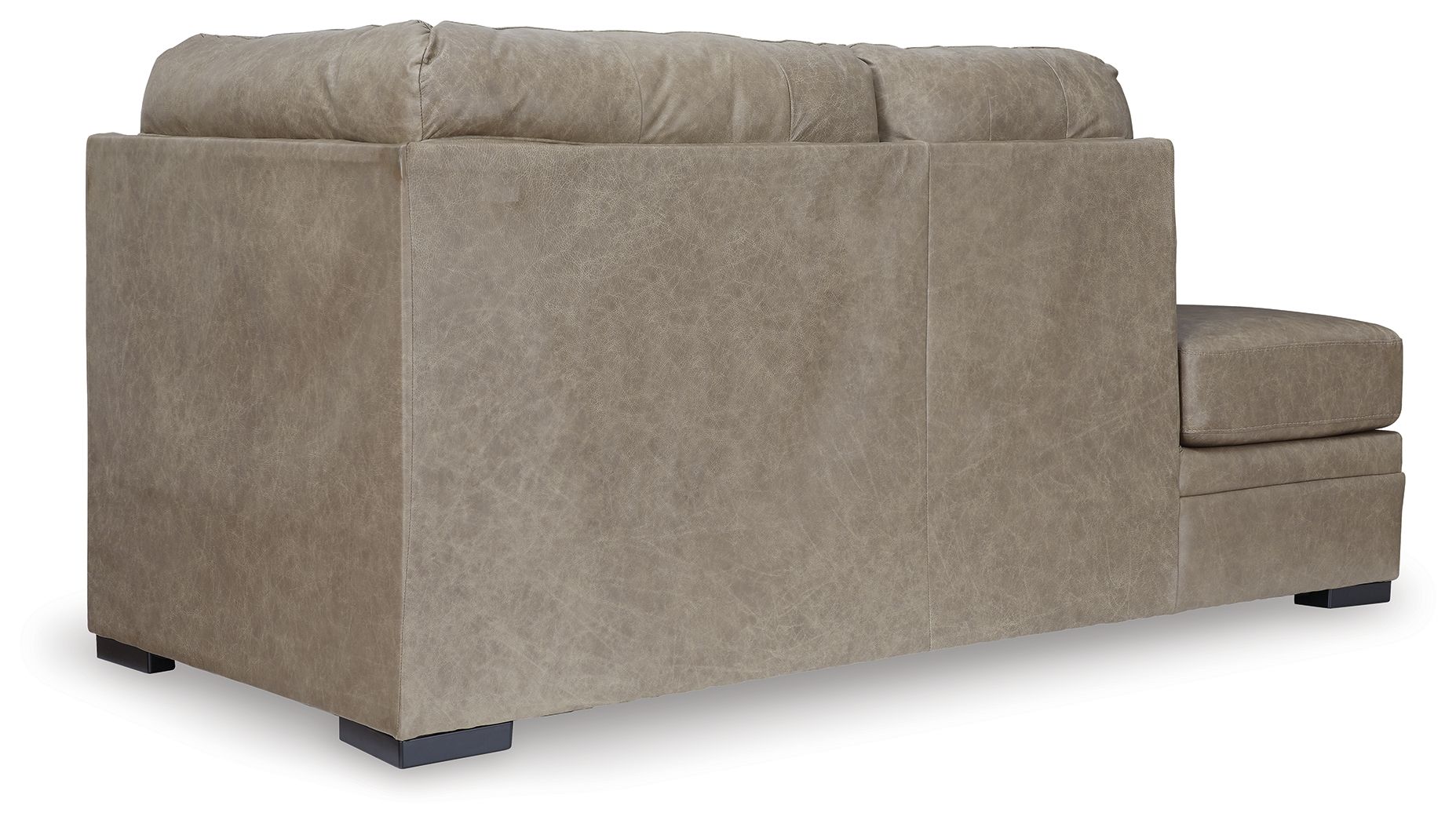 Beige corner chaise sofa shown from side, padded arms, three-seat base, dark legs.