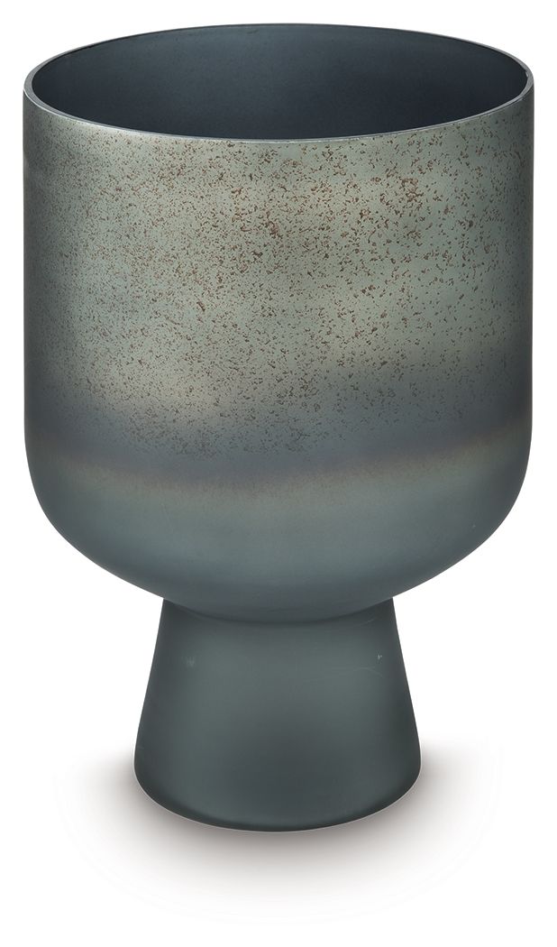 Blue speckled vase with wide opening and pedestal base, smooth matte glaze.