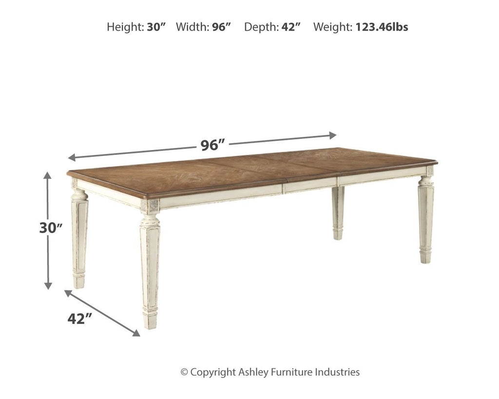 Rectangular dining room extension table with chipped white base and dark wood top