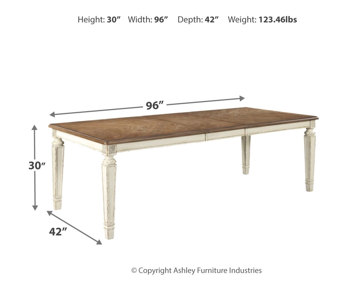 Rectangular dining room extension table with chipped white base and dark wood top