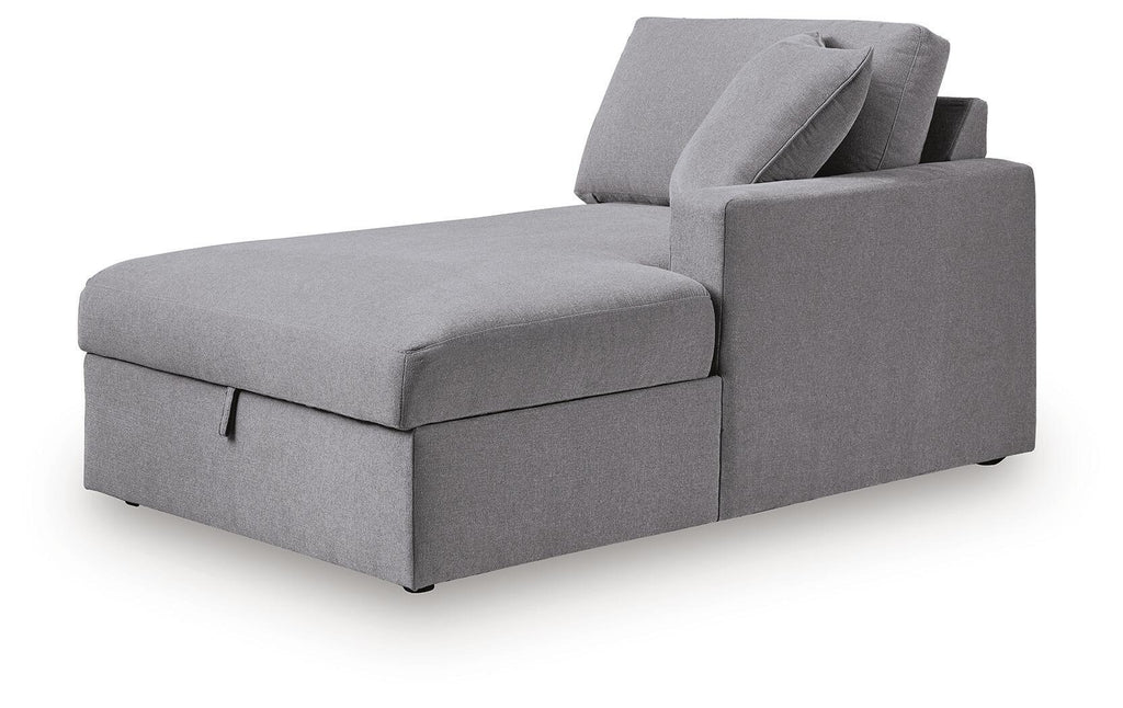 Gray corner chaise with storage and tufted cushions, with raised backrest