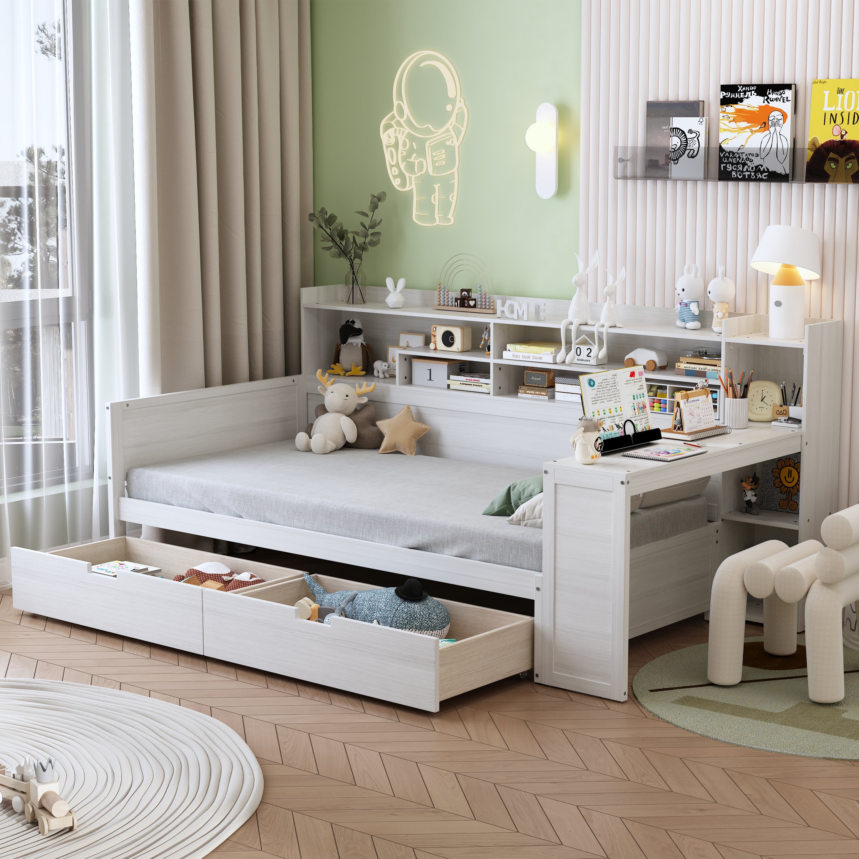 Wooden Twin Daybed with Storage, Shelves & Study Desk - Antique White
