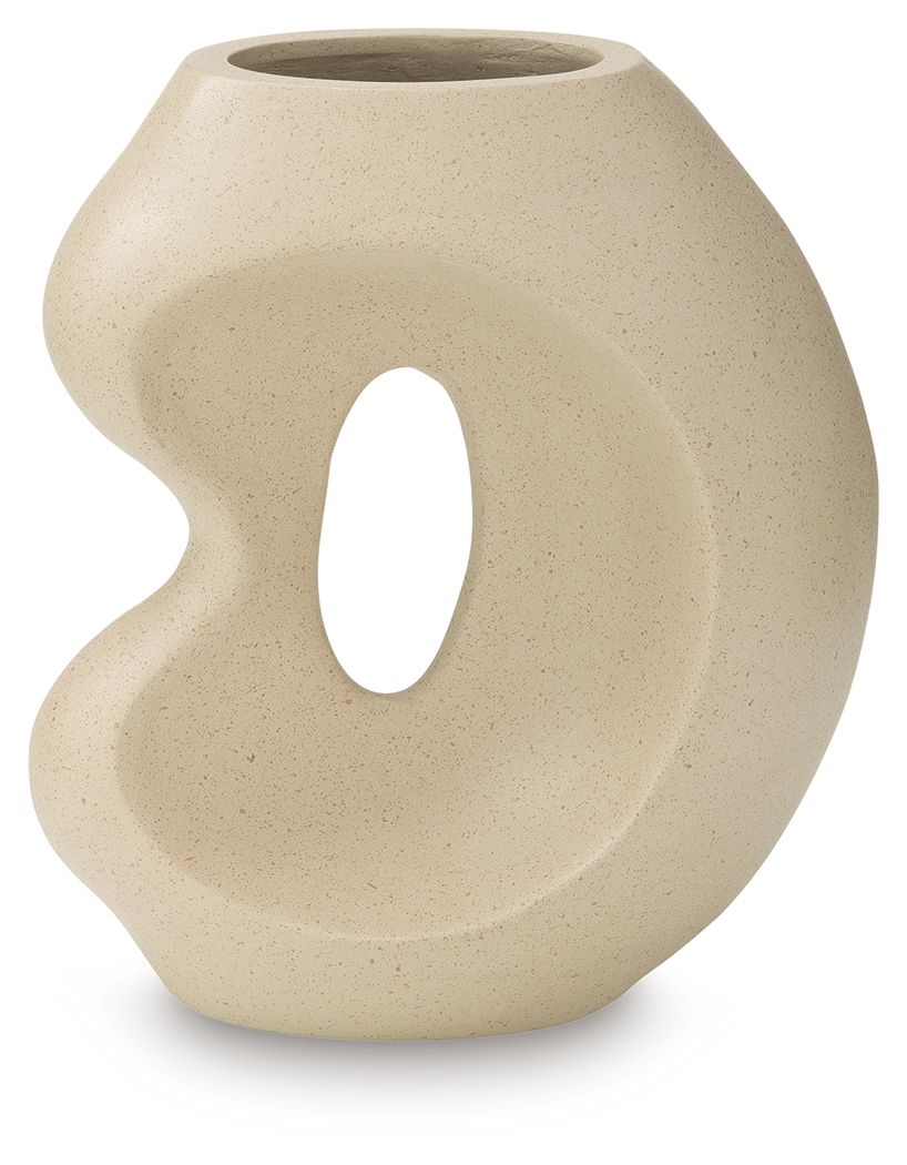 Beige ceramic vase with sculpted side cutout and round top opening.