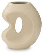 Beige ceramic vase with sculpted side cutout and round top opening.