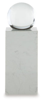 White glass sphere on white marble pedestal, centered view