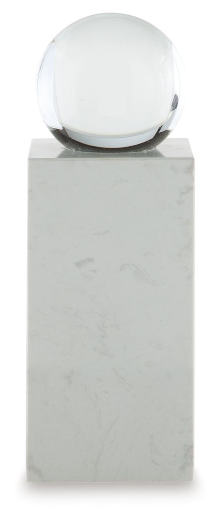 White glass sphere on white marble pedestal, centered view