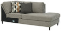 Dark gray corner chaise sectional with square arms and three accent pillows