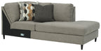 Dark gray corner chaise sectional with square arms and three accent pillows