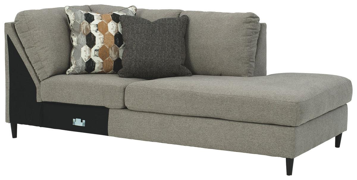 Dark gray corner chaise sectional with square arms and three accent pillows