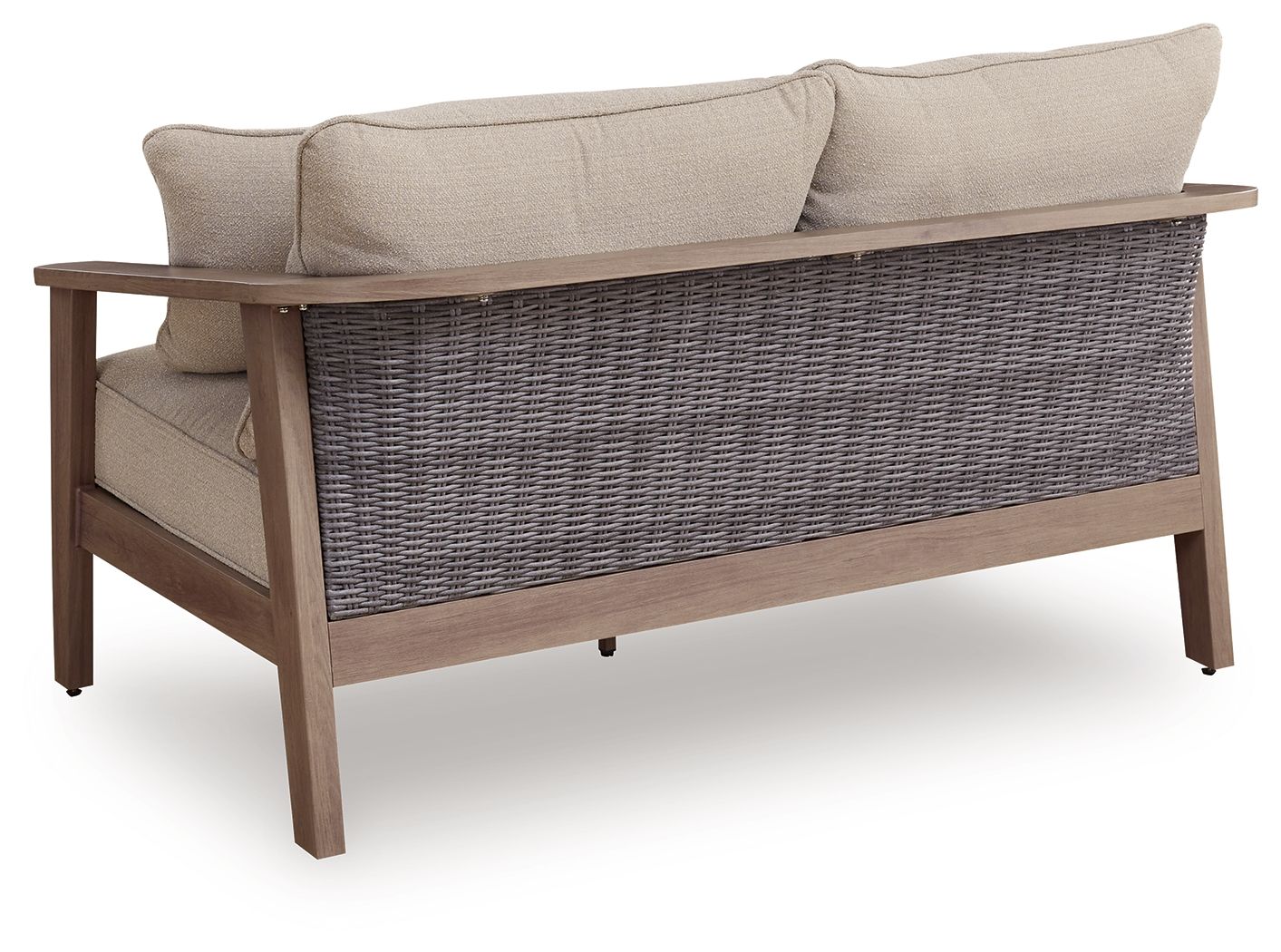 Natural beige loveseat with cushion, striped back pillows, wicker wrap base, armrests
