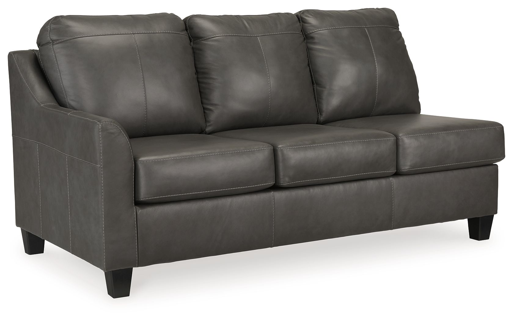 Fog gray leather sofa with three seat cushions, square arms, and tapered legs