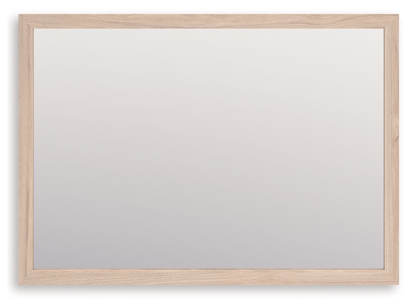 Tan wood-framed rectangular bedroom mirror with clear glass panel