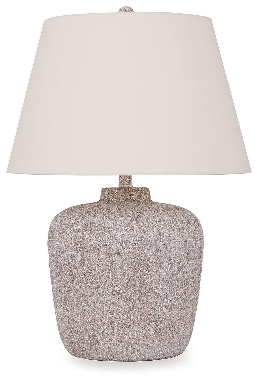 Distressed cream metal table lamp with light cream drum shade and textured gray base