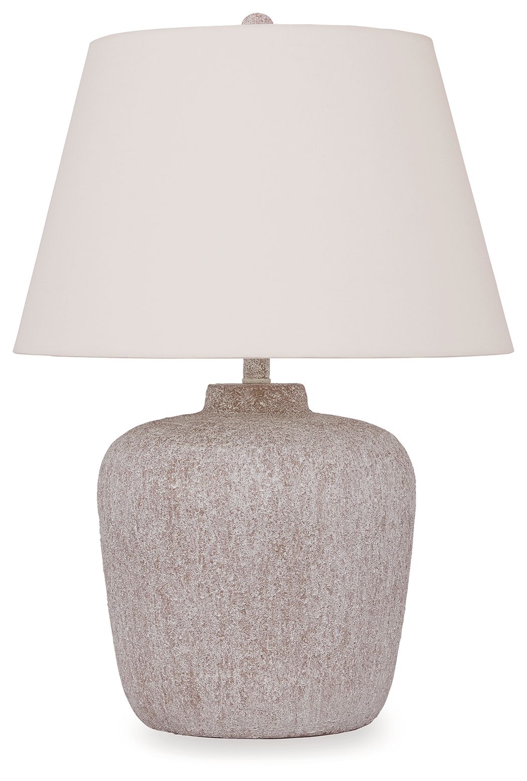 Distressed cream metal table lamp with light cream drum shade and textured gray base