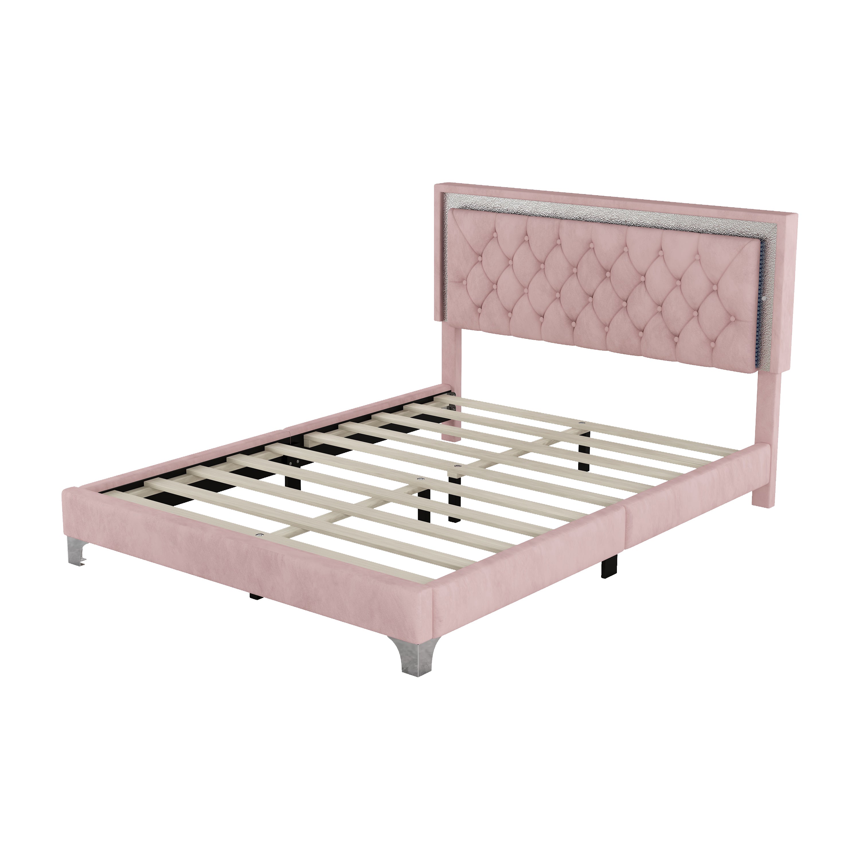 Pink Queen Upholstered Bed Set w/ LED Lights & Nightstands