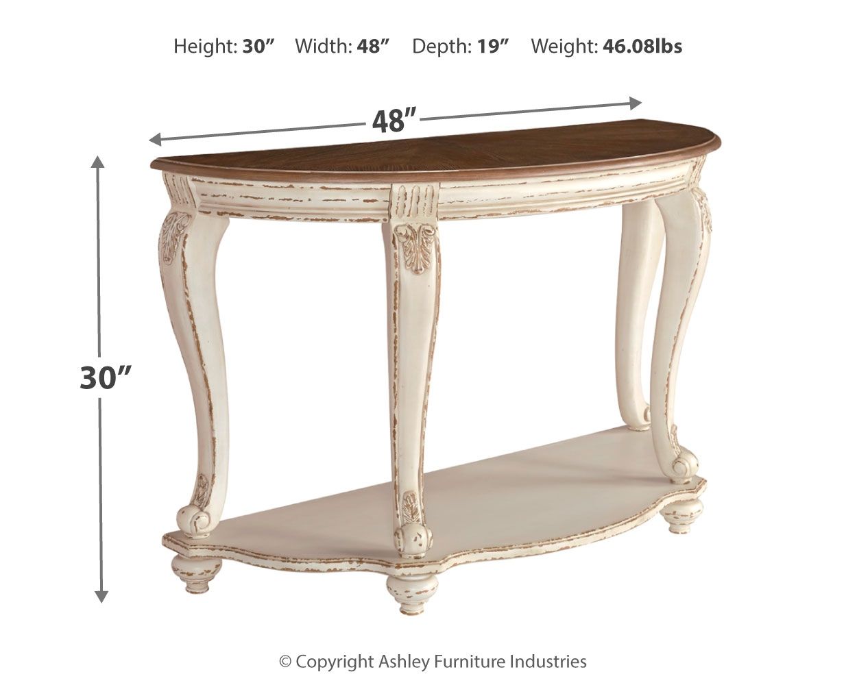 White sofa table with brown top, 48 in wide; carved apron and cabriole legs