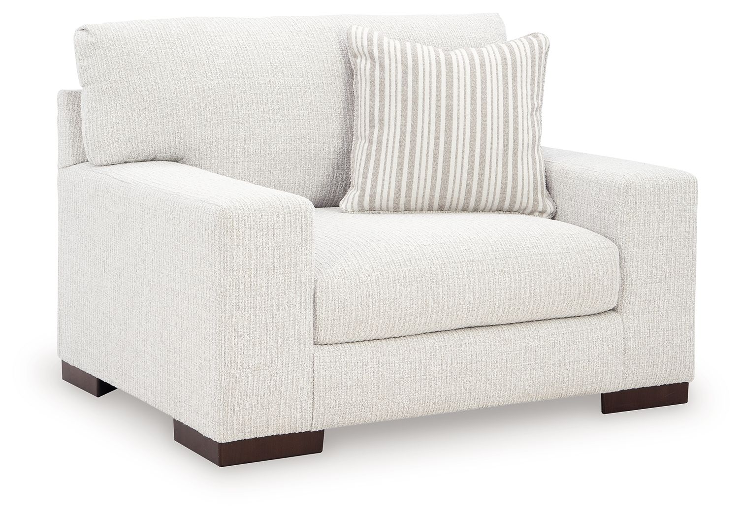 Frosted chair and a half, light fabric upholstery, striped pillow, dark wooden legs