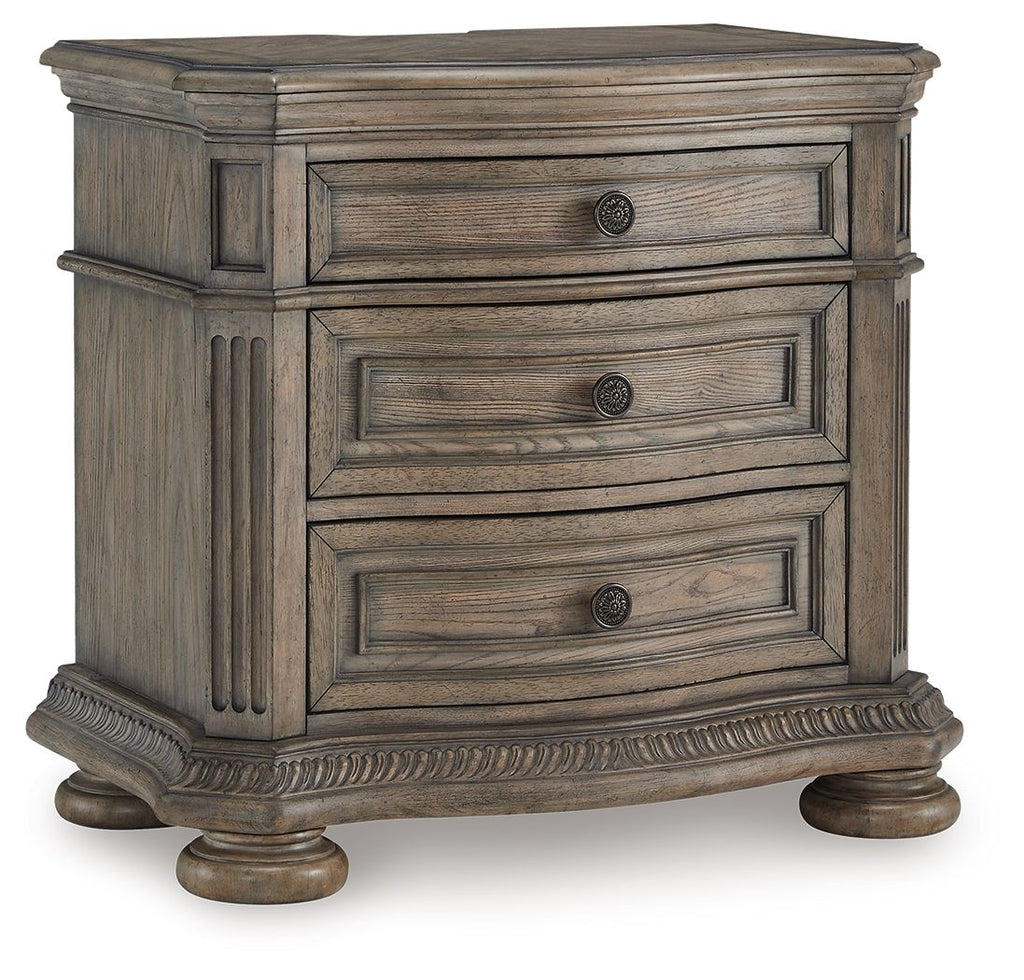 Light brown three-drawer nightstand with arched panels and round knobs