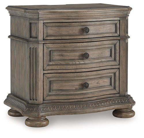Light brown three-drawer nightstand with arched panels and round knobs