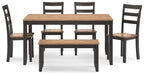 Dining room table set with bench, brown tabletop and dark chairs