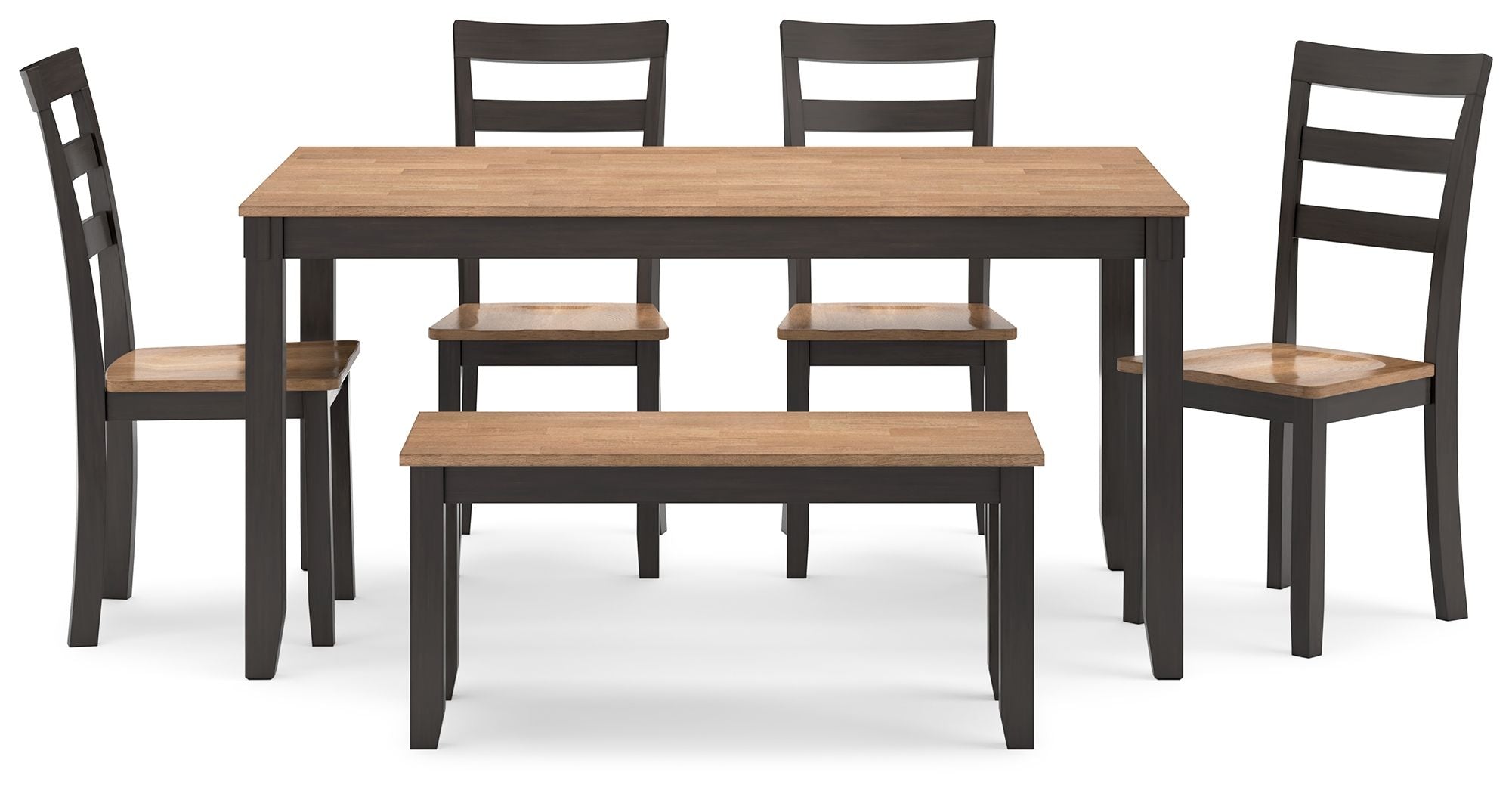Dining room table set with bench, brown tabletop and dark chairs