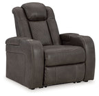 Power recliner with adjustable headrest, dark gray padded leather-look upholstery