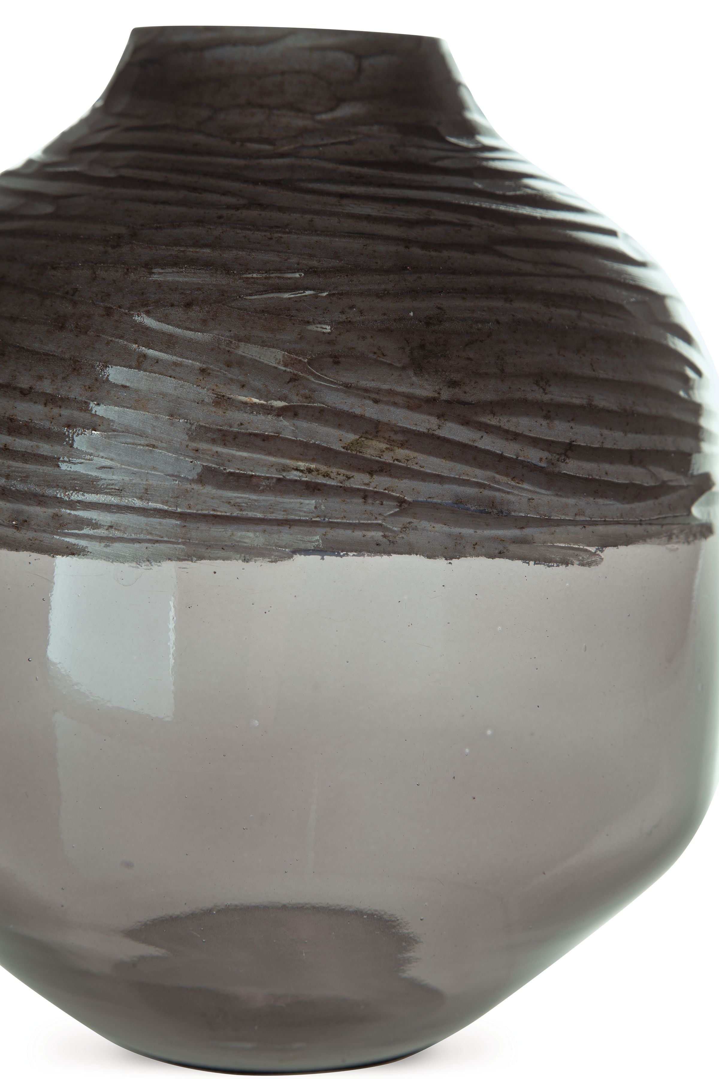 Harpwick dark gray glass vase close-up of ribbed upper body and rim