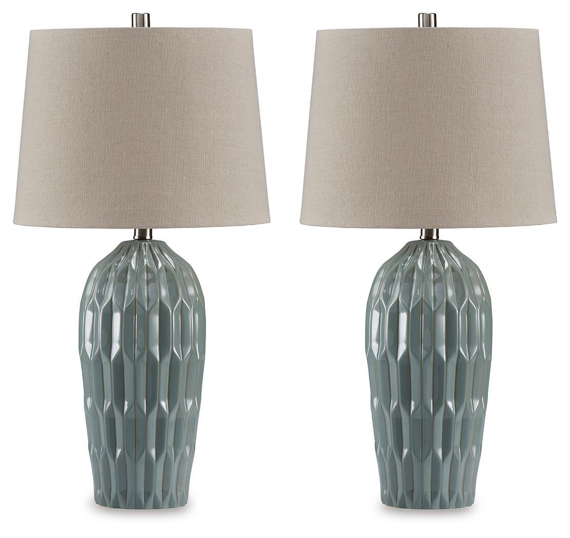Set of 2 pale blue ceramic table lamps with faceted column base and beige fabric shades