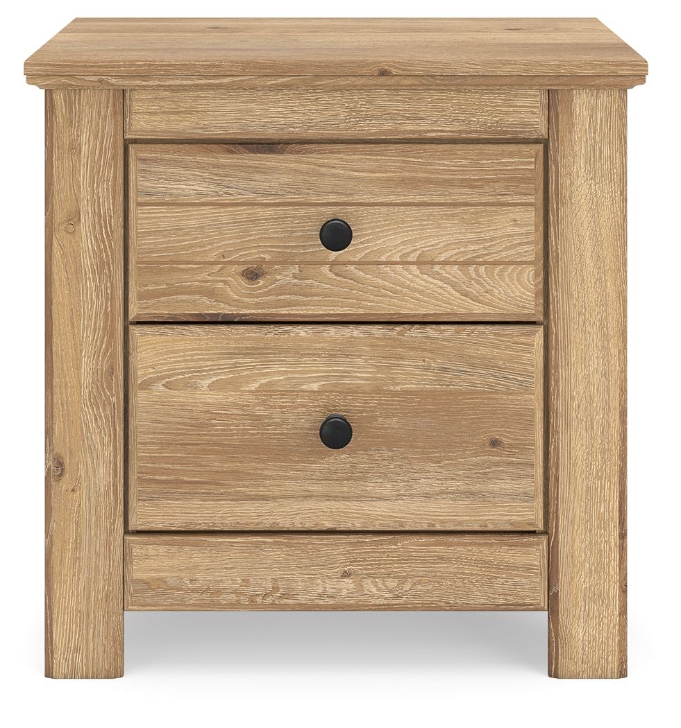 Light brown two-drawer night stand with two drawers and black round knob pulls
