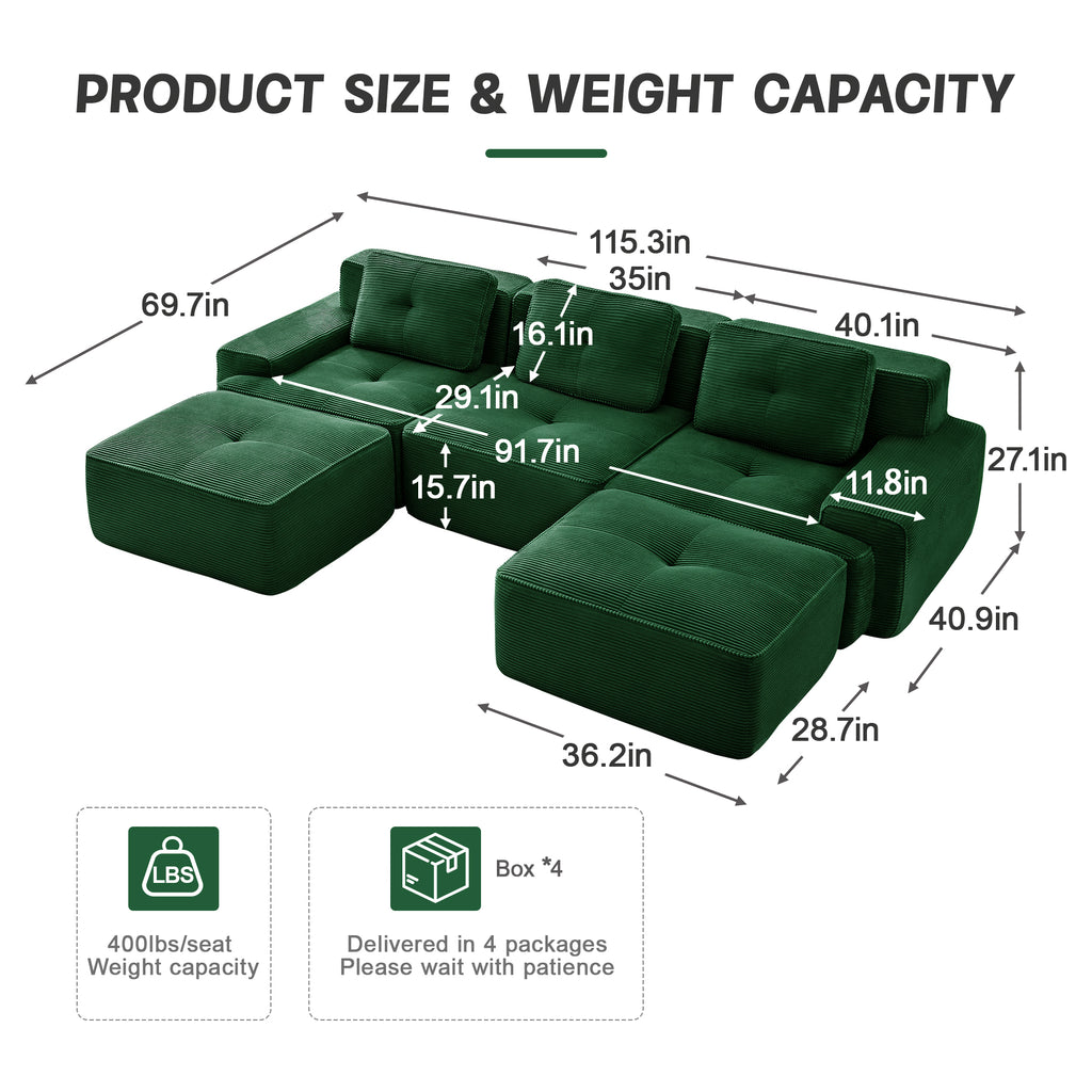 Green corduroy sectional product size diagram with seat dimensions and weight capacity icons