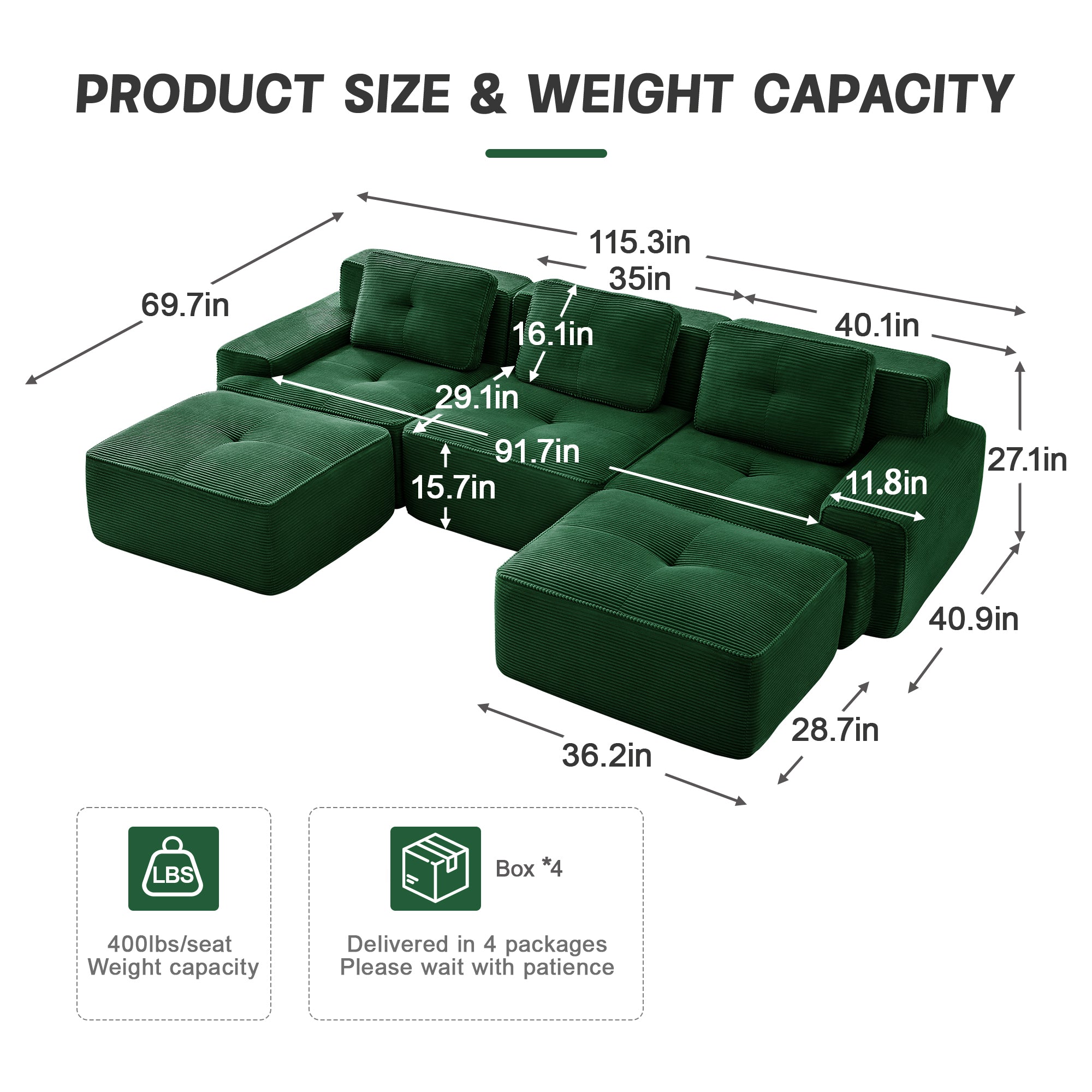 Green corduroy sectional product size diagram with seat dimensions and weight capacity icons