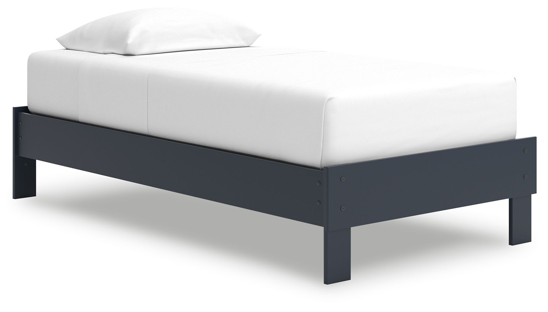 Simmenfort platform bed with white mattress and dark gray frame, four legs