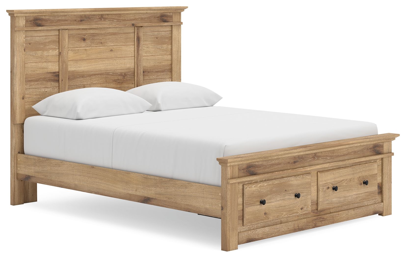 Light brown panel storage bed with side drawers and paneled headboard.