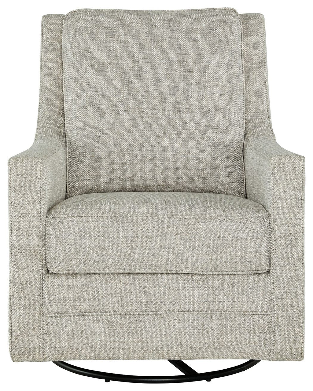 Light gray swivel accent chair with cushioned backrest and seat, black base rings